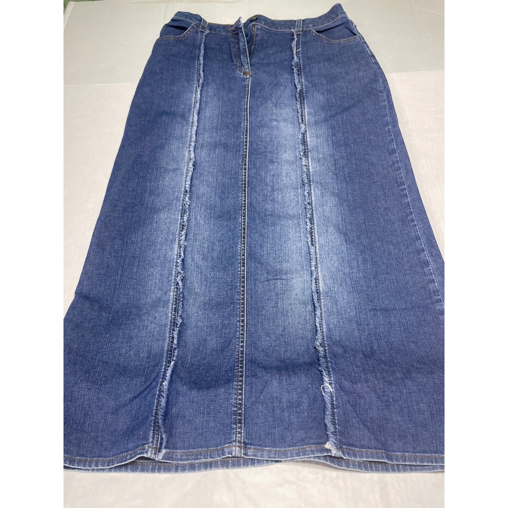 RuffHewn Womens Blue Denim Maxi Skirt Raw Edge Seam Detail Size 10 Cotton Blend